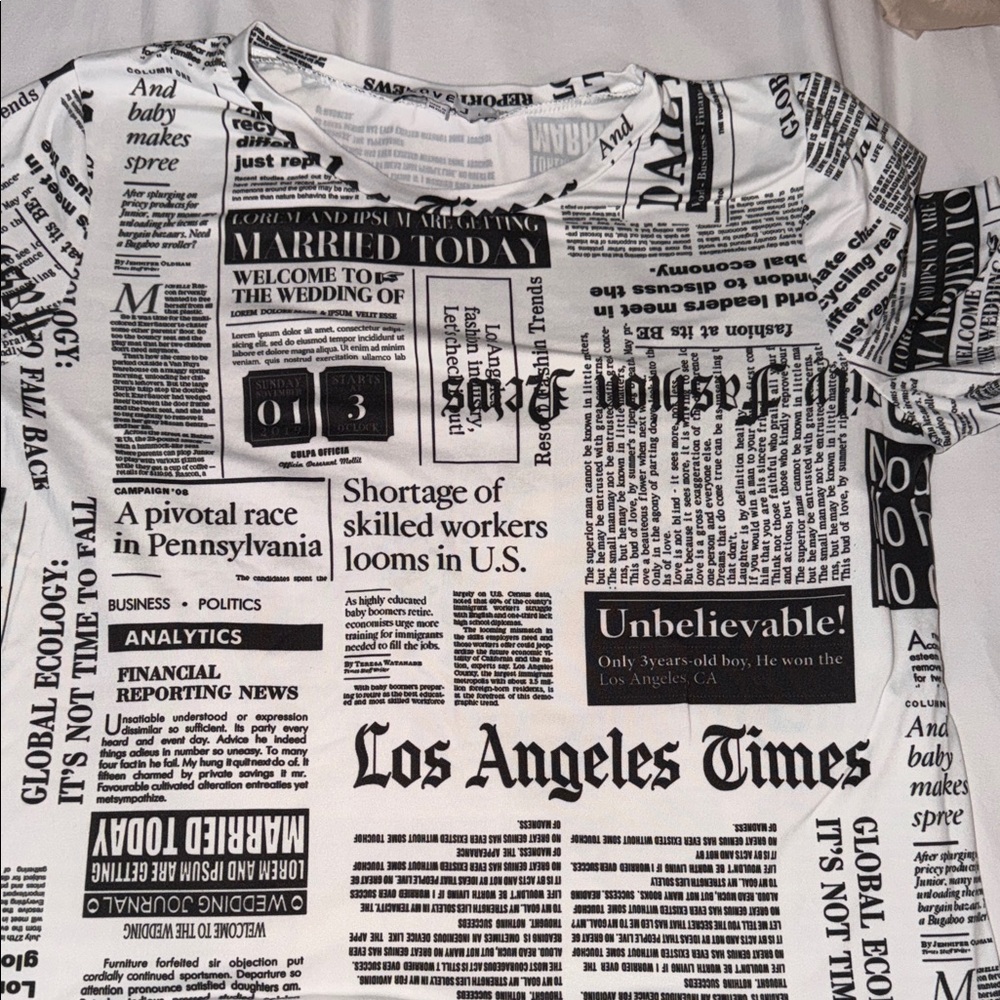 Love J Black and White Newspaper Print Tee